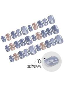 30片穿戴式美甲貼片 短方型 亮面灰藍貓眼款 附銀色3D金屬星星、珍珠與水鑽 含果凍膠與美甲搓條 秋季美甲必備用品 - 彩色 - 查看 2