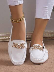Women's Spring New Golden Chain Elegant Loafers, Lightweight Comfortable Versatile Rubber Flat Slip-On Shoes - White - View 2