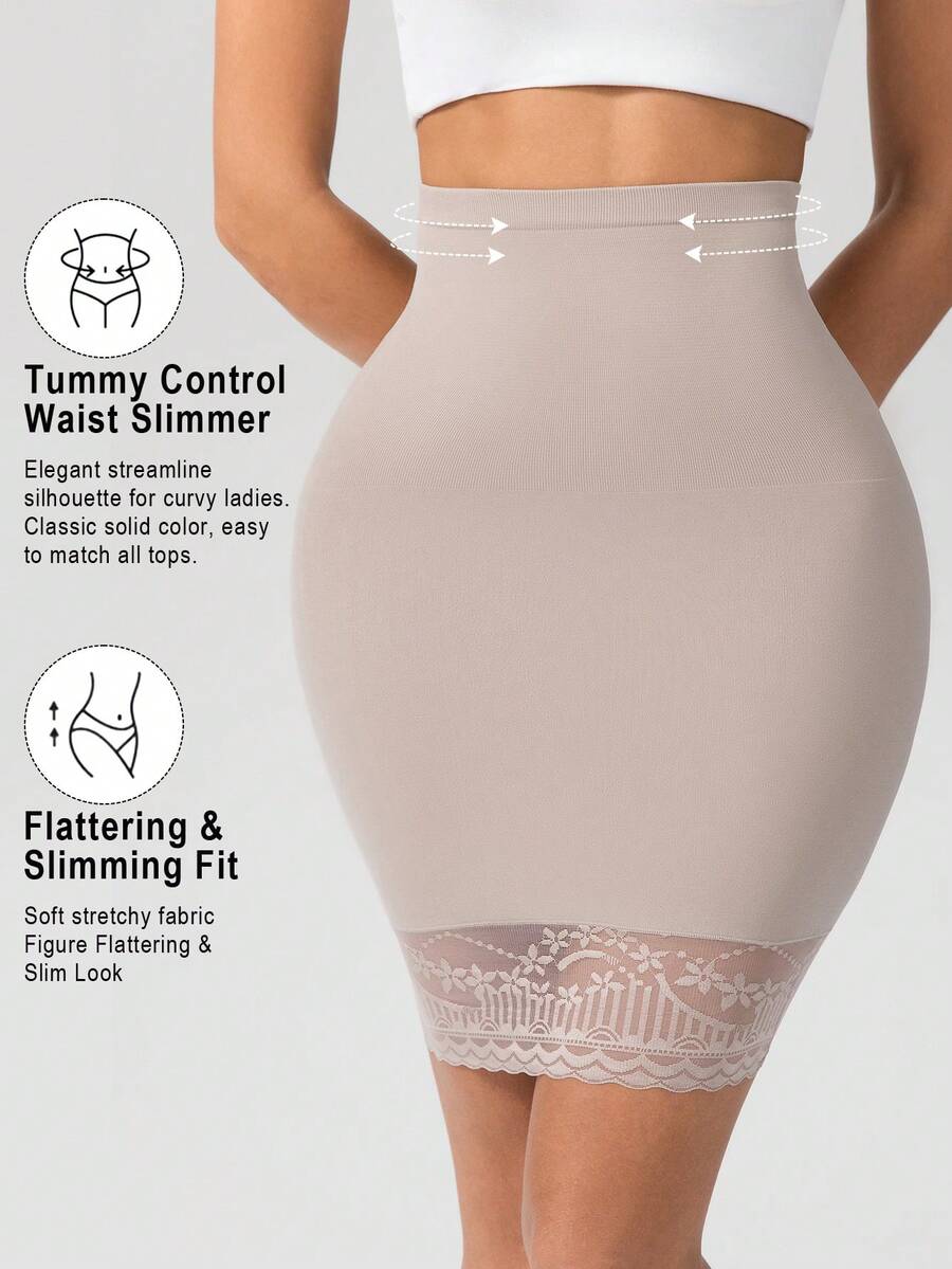 Women's High Waist Lace Patchwork Tummy Control Butt Lift Elastic Shaping Skirt - Champagne - View 1