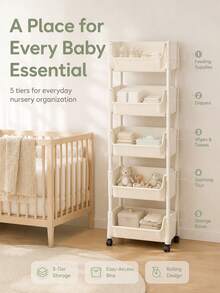 Multi-Layer Rolling Baby Storage Cart, Mobile Floor-Standing Baby Organizer Rack, Diaper And Bottle Storage Shelf, Suitable For Bedroom, Living Room And Nursery, Practical Essential For Newborns - Multicolor - View 8