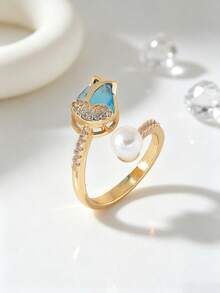 A Stylish Niche Tulip Pearl Teardrop Zirconia Design Women's Ring,Adjustable Open Luxury Ring For Daily Party Banquet Wear,As Gift For Friend/Family - Tulip - View 4