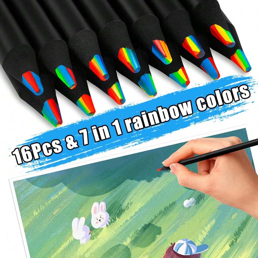16pcs/Set Cute Rainbow Color Children's Colored Pencils, Concentric Gradient Crayons, Art Drawing, Painting Toys, 3mm, 7 Colors