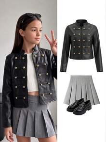 Tween Girl Fashionable Napoleon Style Cropped Leather Jacket With Metal Double-Breasted Decorative Buttons, New Arrival, All-Season Versatile For Daily Wear , Back To School Essential - Black - View 9