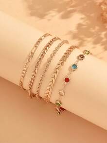 5pcs/Set Elegant Exquisite Colorful Rhinestone Layered Gold Bracelet Set, Classic Women's Hand Jewelry Suitable For Daily Wear And Date Party, Random Color Distribution Of Rhinestones - Multicolor - View 3