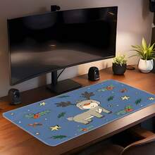 1pc Blue Cute Reindeer Christmas Extra Large Extended Mouse Pad, With Holly And Star Print, Non-Slip Rubber Bottom, Stitched Soft Cloth Keyboard Desk Mat, Suitable For Gaming, Office Decor And Christmas Gift - View 4