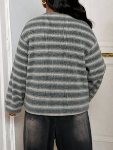 Women's Plus Size Striped Knit Sweater, Medium Stretch, Long Sleeve, Regular Fit, Pullover, Autumn Wear - Multicolor - View 2