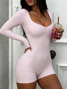NOIRLYN Women's Autumn/Winter Sexy Sweetheart Neckline Ruched Chest Long Sleeve Jumpsuit, Slim Fit Butt-Lifting Y2K Fitness Jumpsuit With Built-In Bra - Pink - View 8