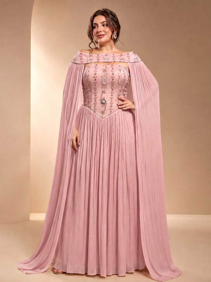 VIPGIRL Plus Size Off-Shoulder Cape Sleeve Heavy Beaded Evening Gown, Chiffon Draped Long A-Line Dress, Wedding Guest Formal Party Dress - Pink - View 1