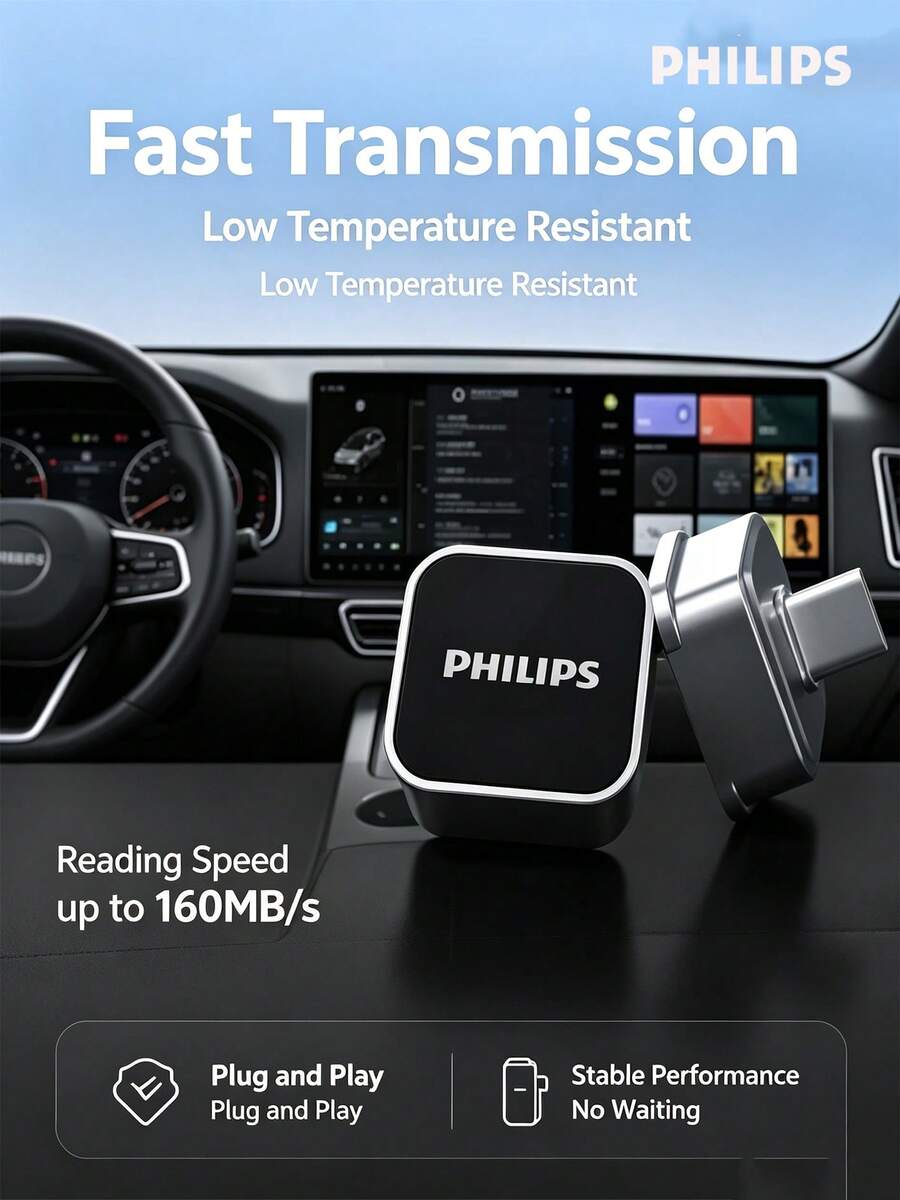 PHILIPS Type-C Car USB Drive For Dash Cam Sentry Mode 4K Video Recording 160MB/S High Speed Compatible With Li Auto Zhiji Leapmotor Chery XPeng Deepal MG 64G Approx. 16 Hours Storage 15UA - View 1