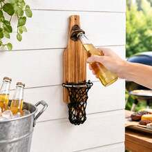 Wall Bottle Opener, Wooden Beer Bottle Opener With Cap Catcher Collection Net, Birthday Gift For Beer Lovers And Men, Kitchen Yard Bar Decoration - View 2