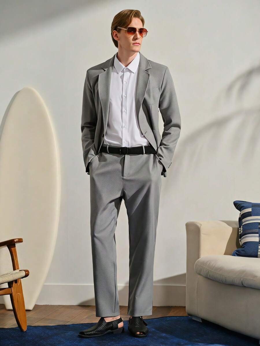 VeloEdit Men's 2 Piece Summer Suit Set, V-Neck Blazer And Pants, Lightweight Formal Old Money Outfit For Business, Wedding, Bridesmaid And Commute - Grey - View 1