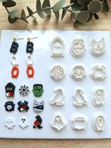 Halloween Themed Polymer Clay Cutters, 12Pcs Gothic Mold, Ghost Skull Spider Web Tombstone Cutter For Handmade Earring Jewelry DIY Craft - White - View 2