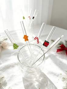 4/6pcs Shatter-Resistant Thick Borosilicate Glass Reusable Straw Set With Mixed Color Christmas Cartoon Hanging Decor, Cartoon Straight Transparent Party Glass Drinking Straws With Decorative Straw Heads, Suitable For Kitchen Accessories, Cold Drinks, Milk Tea, Coffee, Juice, Bar, Home, Restaurant - View 12