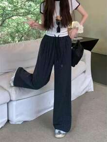 Hasbro 1pcWomen's Vintage Navy Plaid Casual Pants, New Spring Loose Straight Wide-Leg Trousers - Rectangle - View 5