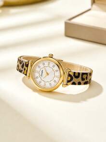 1pc Vintage Round Quartz Watch For Women, Featuring A Golden Alloy Case, White Patterned Dial, And An Elegant Leopard-Print Metal Mesh Strap - White - View 3