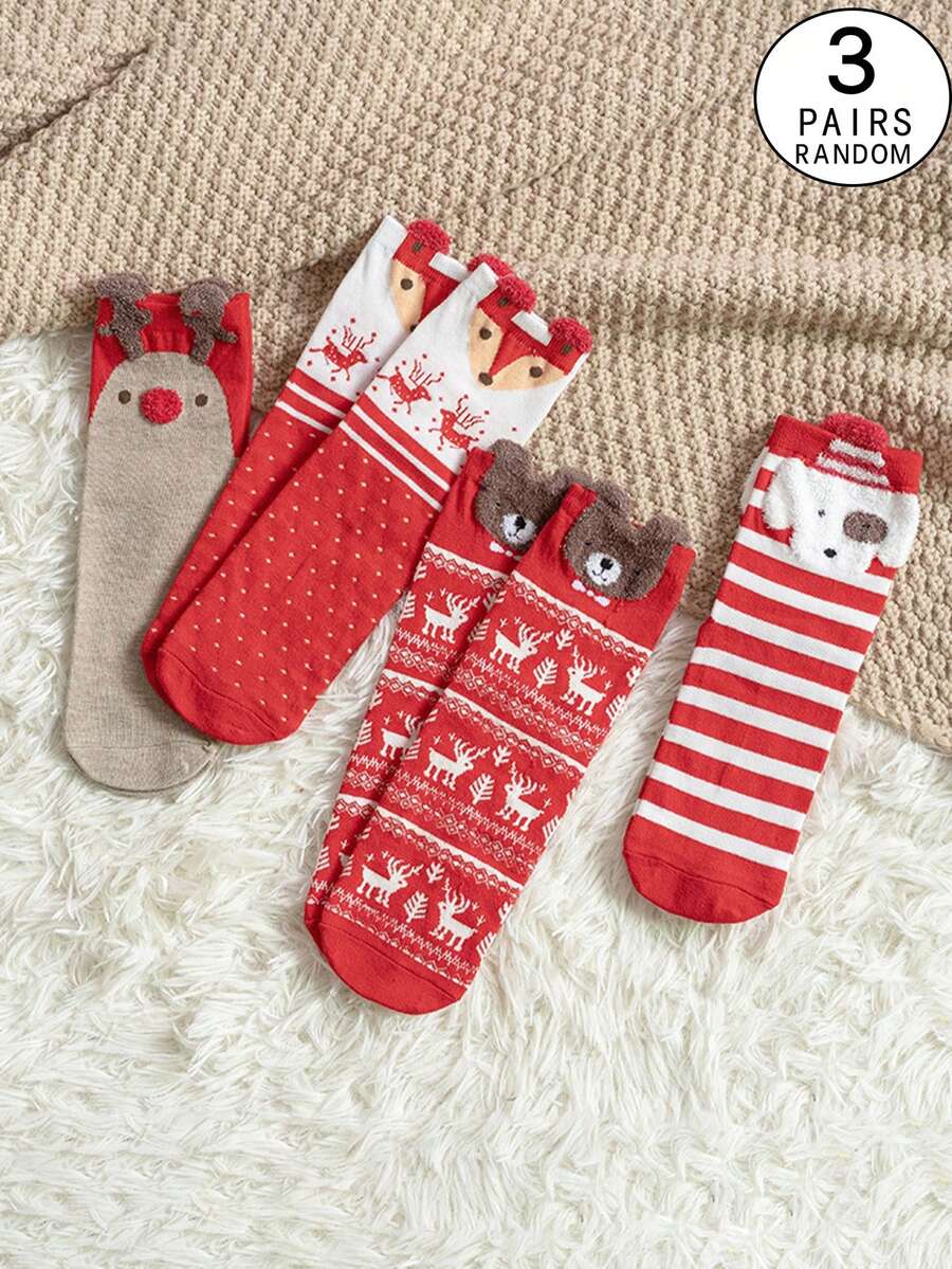 3 Pairs Women's Mid-Calf Socks, Santa Claus Pattern Christmas Socks, Plus Size Ugly Cute Christmas Socks, Autumn/Winter - Multicolor - View 1
