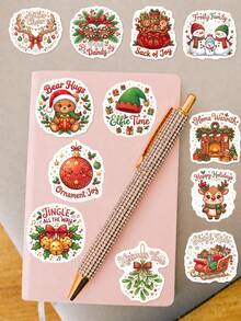 50Pcs PP Merry Christmas Stickers, Classic Happy Christmas Style, Including Santa Claus, Snowmen, Reindeer, Christmas Bears, Holiday English Slogans Elements, For Journal Collage, Skateboard, Tablet, Notebook, Storage Box, DIY Craft Decor - Multicolor - View 6