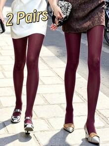 1pc Women's Red Semi-Sheer Sexy Tights, Slimming Leggings For Spring/Autumn, Date Party - Burgundy - View 5