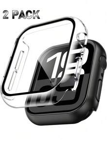 2pcs 3-In-1 Tempered Glass Screen Protector Compatible With Apple Watch Case Series 12 11 10 9 SE 8 7 6 5 4 40mm 41mm 44mm 45mm 42mm 46mm 49mm, Full Body Protective Case, Built-In Tempered Glass Buffer Film, High Sensitivity Hard PC Screen Protector, Comprehensive Protection, Ultra-Thin Anti-Scratch Shell Compatible With Apple Watch - Black + Clear - View 2
