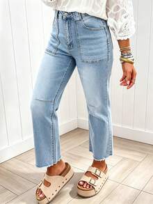 Women's Versatile Casual High-Waist Straight Leg 9/10 Length Light Wash Denim Jeans - Light Wash - View 3