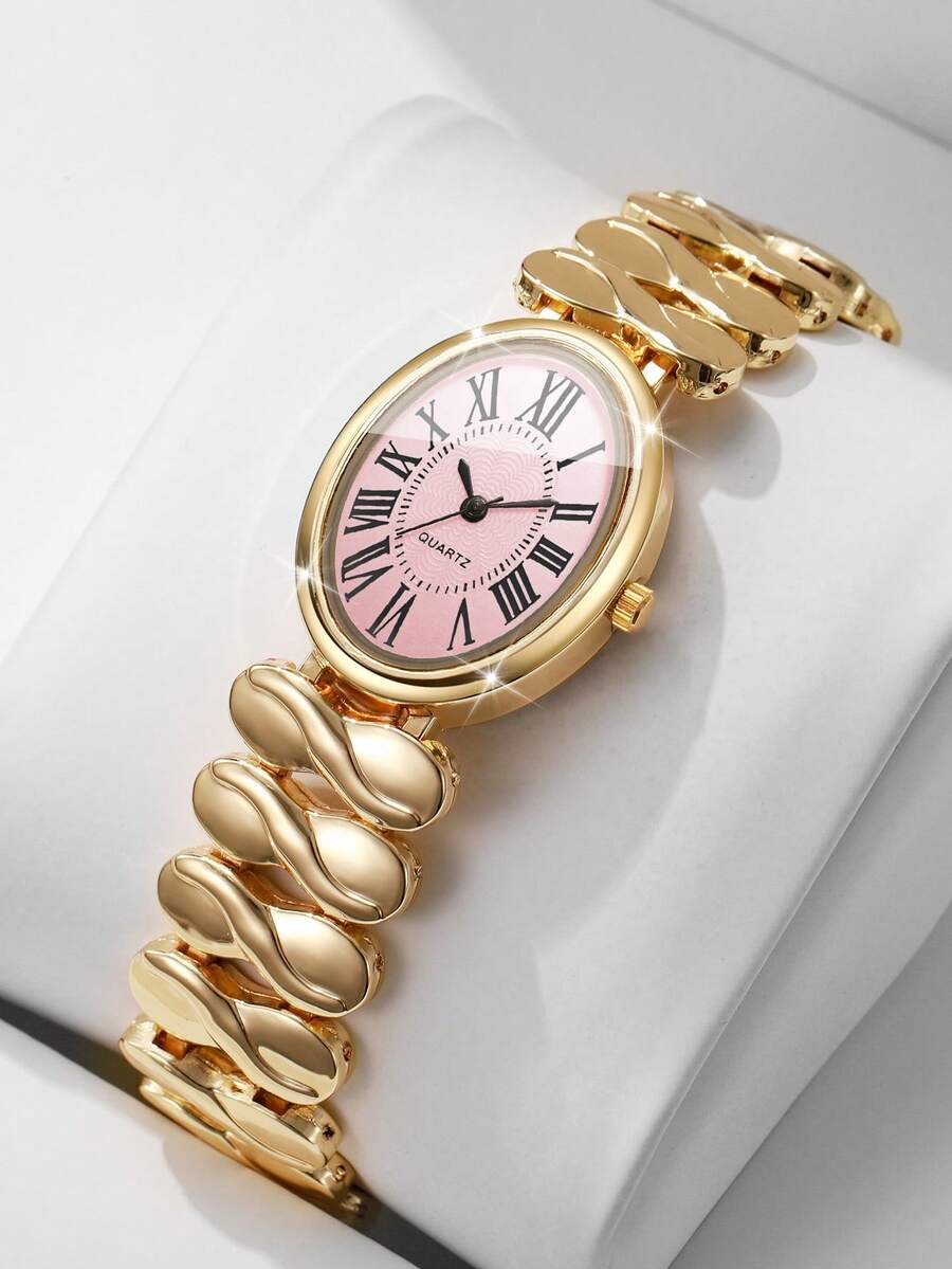 Elegant Luxury Twisted Alloy Chain Watch, Classic Roman Numeral Oval Dial Versatile Quartz Watch For Women, Gift For Girlfriend (1pc/Set) Watch Box Not Included - Gold - View 1