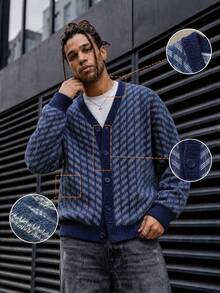 ANDREILEE Men's Fashion Street Style Casual Daily Commute Versatile Home Vacation V-Neck Long Sleeve Loose Button-Up Cardigan Ribbed Hem Knit Sweater Autumn/Winter - Blue - View 2