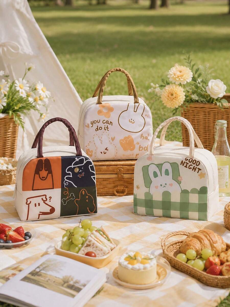 1pc Large Capacity Insulated Picnic Tote Bag, Cute Cartoon Leak-Proof Food Storage Bag, Reusable Waterproof Lunch Bag Suitable For Work And Travel