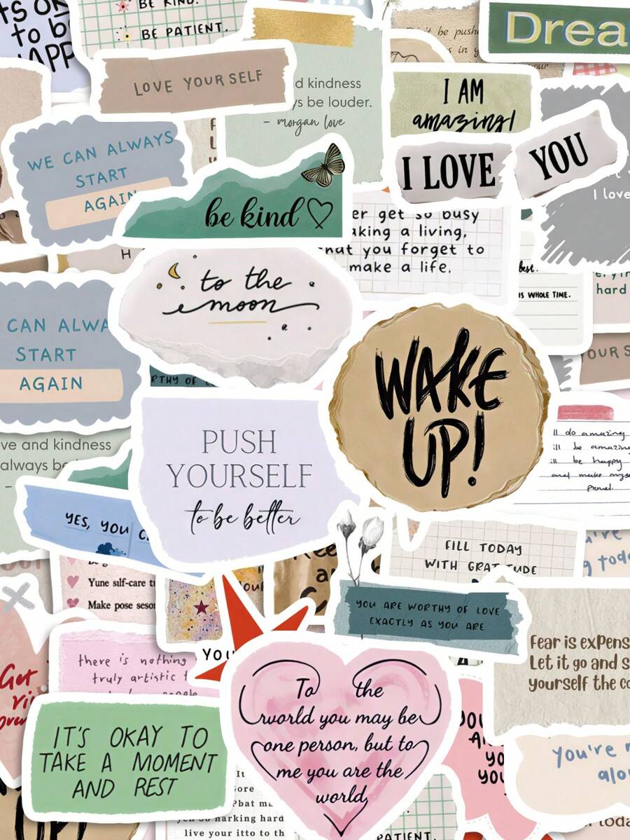 50Pcs PP Text Note Stickers, Inspirational Text Journal Style, Including English Encouraging Phrases, Note Papers, Doodle Line Elements, For Journal Collage, Water Bottle, Luggage, Skateboard, Tablet, Notebook, Storage Box, DIY Craft Decor - Multicolor - View 1
