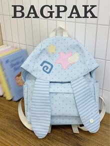 Rabbit Campus Backpack, Highly Attractive Little Rabbit Striped School Bag, Large Capacity, Double Layer Protection, Adjustable Shoulder Straps, Women's Backpack, Fresh College Style, Suitable For Commuting, Work, Travel And Various Other Scenarios - Blue - View 1