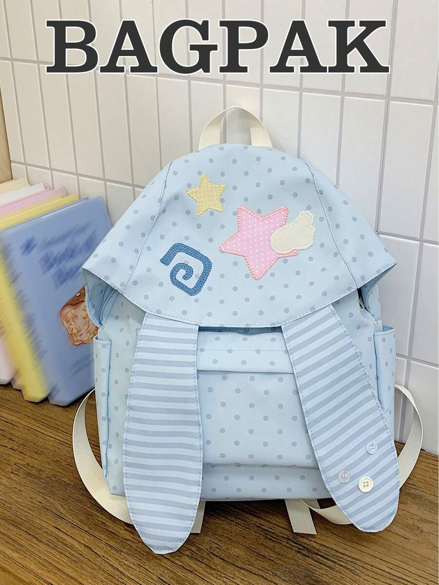 Rabbit Campus Backpack, Highly Attractive Little Rabbit Striped School Bag, Large Capacity, Double Layer Protection, Adjustable Shoulder Straps, Women's Backpack, Fresh College Style, Suitable For Commuting, Work, Travel And Various Other Scenarios - Blue - View 1