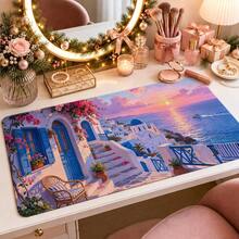 1pc Mediterranean Coastal Village Sunset Mouse Pad, Blue And White Seaside Landscape Extended Desk Mat For Home Office And Gaming - View 4