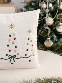 1pc White Christmas Tree Embroidered Pillow Case, Suitable For Indoor Decoration, Christmas Decoration, All-Season Pillow Cover, Without Insert - White - View 6