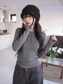 Autumn New Korean Style Square Shoulder Polo Shirt Button Long Sleeve Minimalist Versatile Knit Top - Grey - View 1