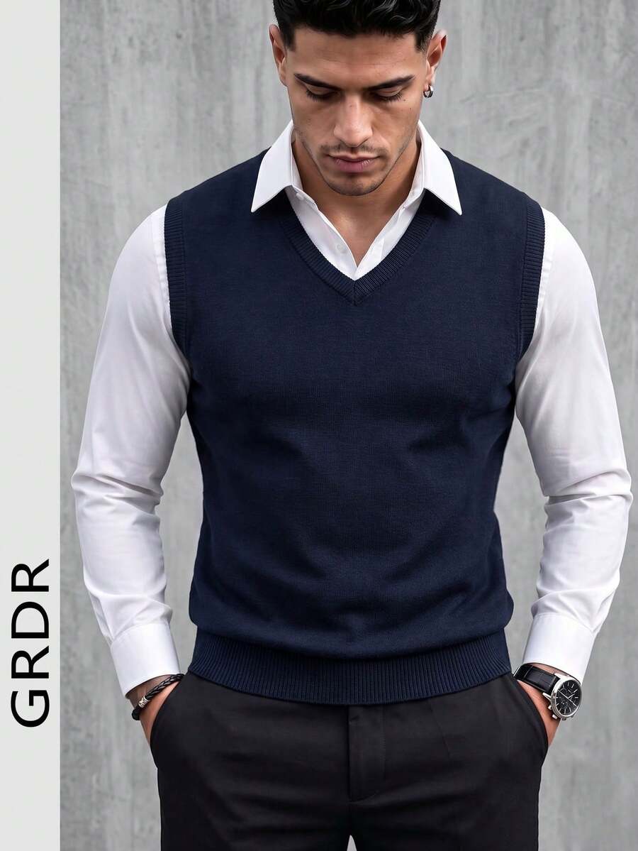 GRDR Men's Solid Color V-Neck Elegant Fashion Knitted Vest, Autumn/Winter