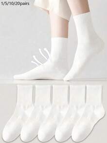 1/5/10/20 Pairs Women's Mid-Calf Socks, White, Cute, Girls Socks, Autumn/Winter/Spring/Summer, Soft, Random Color, Suitable For Sports/Daily Wear - White - View 4