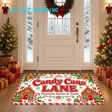 1pc 2D Flat Printing Christmas Candy Lane Theme Doormat, Gingerbread House & Candy Cane Pattern Indoor Non-Slip Carpet, Machine Washable Easy Clean Polyester Rug, Suitable For Home & Outdoor Decor, Entryway, Bedroom, Balcony, Gift Home Decor - Champagne - View 6