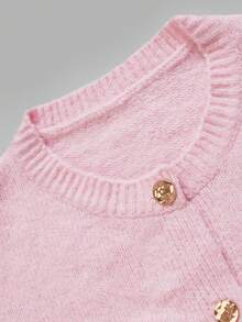 Nicenter Women's Fall Casual Wool Blend Solid Plain Jersey Round Neck Drop Shoulder Long Sleeve Cropped Button Front Cardigan Sweaters Tops Daily Fall Outfit - Pink - View 7