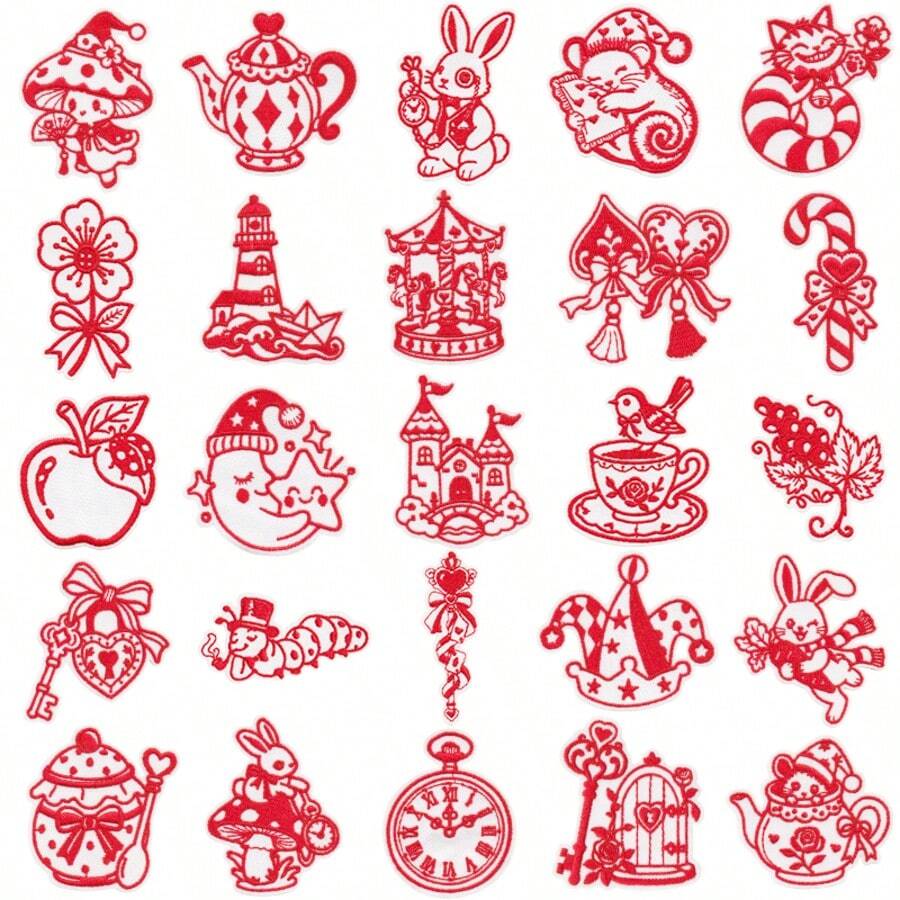 25 buah Aplikasi Bordir Garis Merah, Patch Bordir Karakter Dongeng Kartun, Aksesori Pakaian Tempel Setrika - MultiWarna - View 1