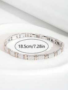 1pc Luxury Elegant Sparkling Cubic Zirconia Inlaid Dual-Color Rectangular Design Bracelet Suitable For Women's Wedding And Banquet Wear, Gift Box Not Included - Multicolor - View 6