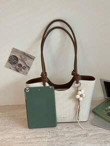 Tote Bag, Trapezoid Open Body, Knotted Long Handle, Decorated With Flower Charm. Spacious Interior For Books, Tablets And Other Personal Items, Hand-Carried, Fresh And Minimalist Style, Suitable For Daily Commute And Travel. - Beige - View 2