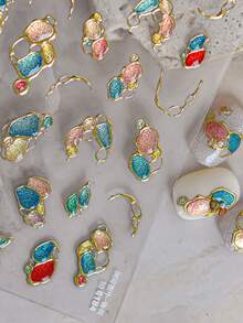 1 Sheet, 2 Styles Metallic Nail Stickers, Colorful Abstract Gemstone Pattern Nail Decals, Gold Outline Self-Adhesive DIY Nail Art Decorations For Women, Christmas Gift - Multicolor - View 7