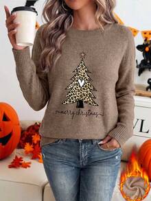 Women's Vintage Christmas Tree Print Long-Sleeve Crew-Neck Sweater With Leopard Print Trim – Christmas Winter Top - Earth Gray - View 10