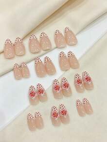 24pcs Long Almond Press-On Nails, 3D Gel Flowers And Polka Dot Design, Decorated With Small Steel Beads, Acrylic Fake Nails (1 Style) - Multicolor - View 3