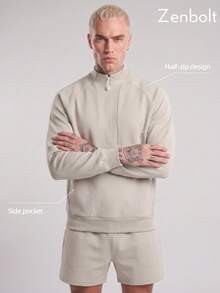 Zenbolt Casual 1/4 Zip Pullover, High Stand Collar Design, Integrated Front Pocket, Soft Fabric, Comfortable Regular Loose Fit - Apricot - View 2