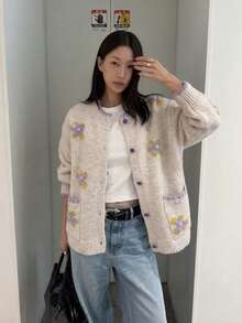 Cardigan Sweater Bordir Bunga Rajutan 3D, Leher Bulat, Kancing Depan, Trim Bergaris, Lengan Panjang, Beige, Pakaian Rajut Musim Gugur Elegan untuk Lapisan Kasual - Aprikot - View 3