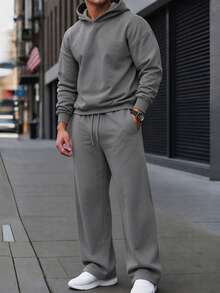 American Men Grey Hoodie And Straight Pants Set, Solid Loose Daily 2 Pieces Outfit - Dark Grey - View 2