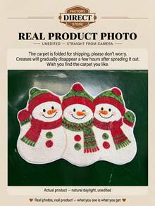 1pc Christmas Faux Cashmere 3-Snowman Shaped Bath Mat, Red & Green Color Scheme With Hat And Scarf, Cute & Lively Expression, Suitable For Bathroom, Toilet, Bedroom Entrance, Soft Touch, Machine Washable, Fun Decoration For Winter Holiday Bathroom Space - Multicolor - View 9