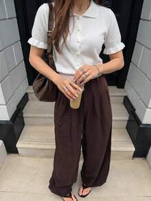 Women's Polo Collar Knit Top, Pearl Button Front Ruffle Trim Short Sleeve Cropped Knit Blouse, White - White - View 3