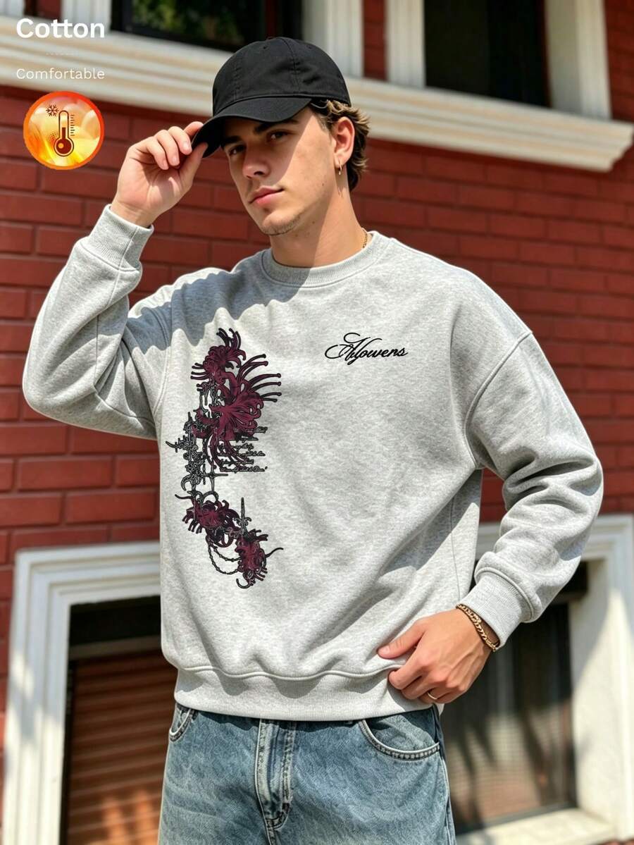 Men's Thermal Lined Crew Neck Loose Fit Sweatshirt, Mandala Pattern Print, Casual Streetwear For Autumn/Winter - Gray - View 1