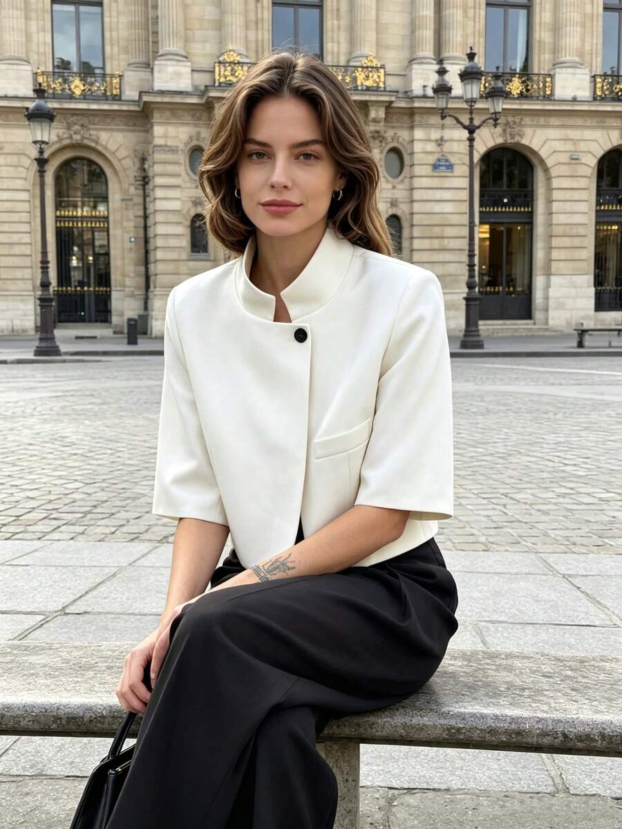 Seelio Spring/Summer New Women's European And American Style Fashion Minimalist Versatile Short Sleeve Cropped Blazer - Beige - View 1